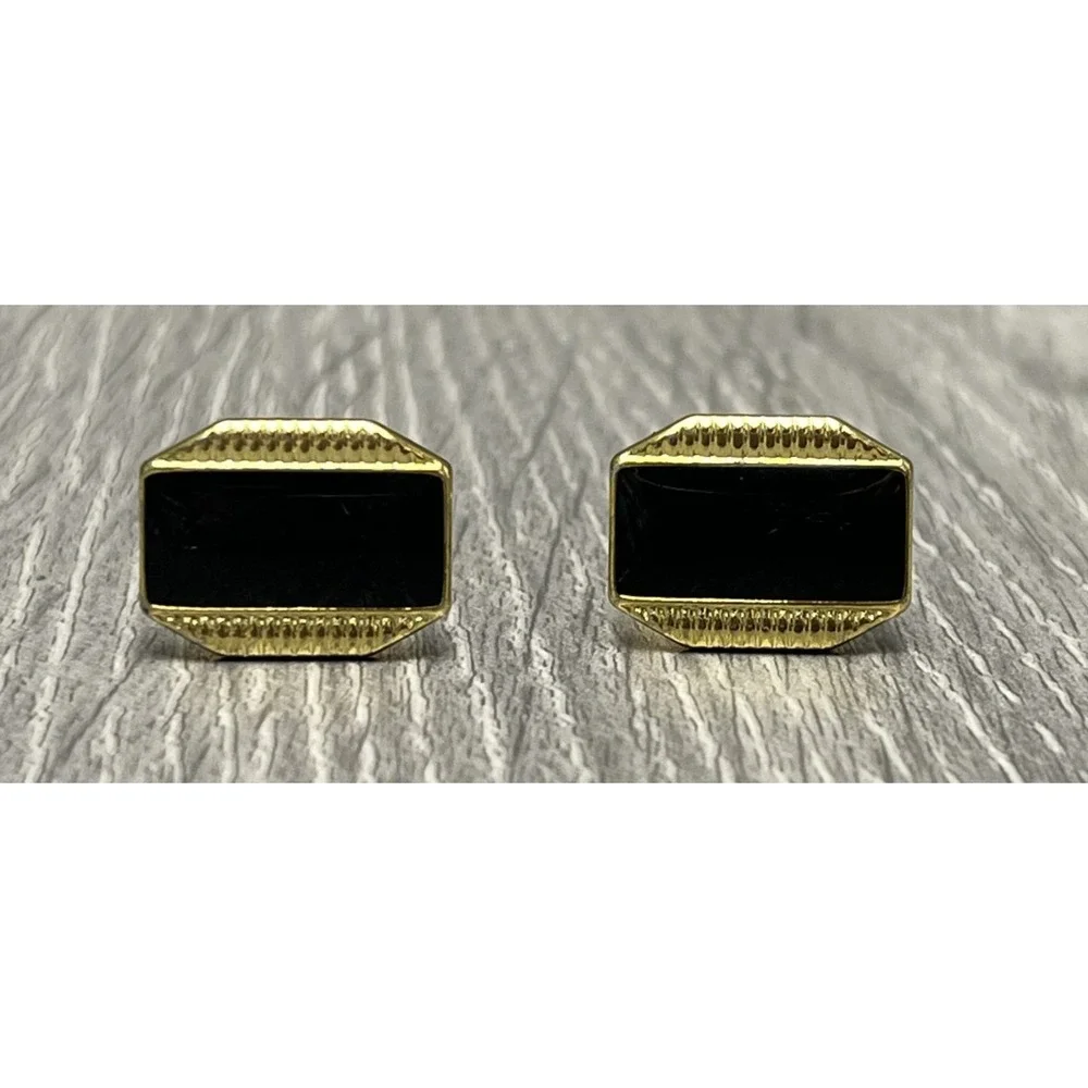 Classic Gold Tone‎ Cufflinks with Black Enamel Inlay - Octagonal Rectangle Shape